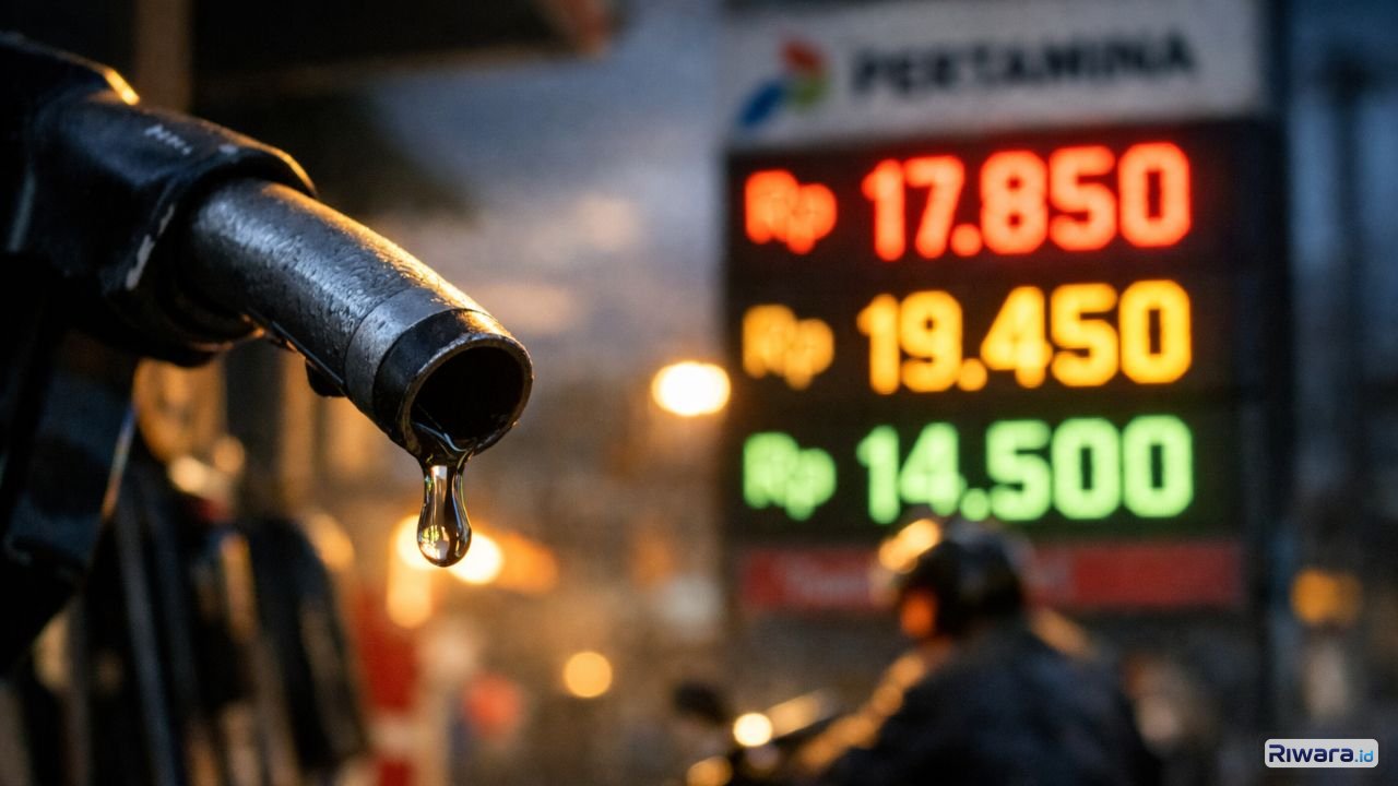 Nozzle BBM di SPBU Pertamina dengan latar papan harga yang melonjak, menggambarkan kekhawatiran publik di tengah isu kenaikan harga BBM nonsubsidi April 2026.